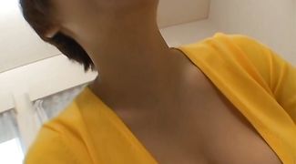 Stupendous japanese Meguru Kosaka is gently sucking lad's phallus while kneeling in front of him