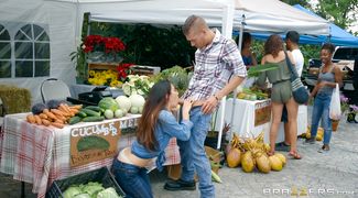 Ravishing brunette Eva Lovia with huge natural tits is bent over the counter and intensely pounded